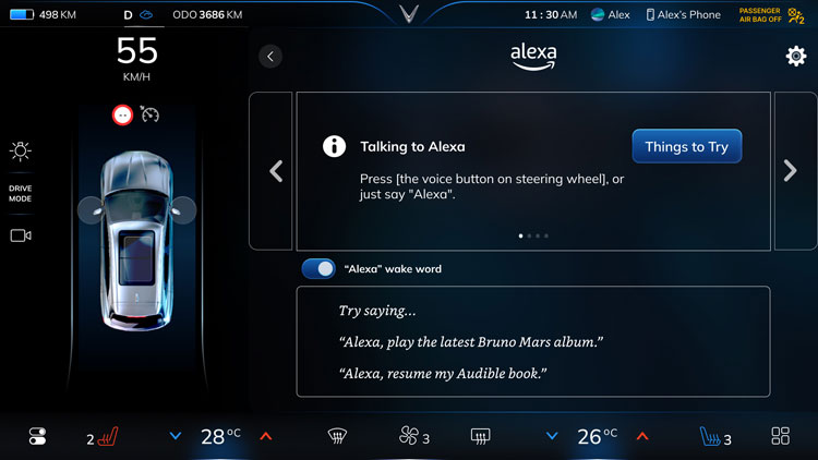 Alexa homescreen displayed on the Vinfast infotainment system.